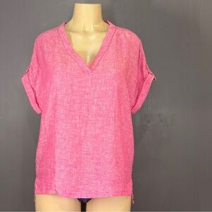 Isaac Mizrahi Linen Blouse | Pink V-Neck Rolled Sleeve Top | Women’s S